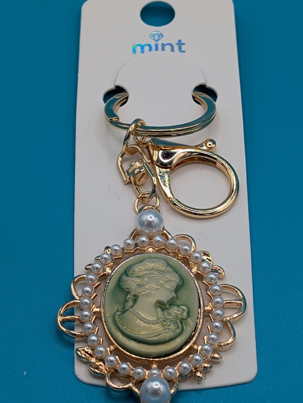 Mint Gold-Tone Cameo Bag Charm/ Keychain with Green Cameo and Faux Pearls